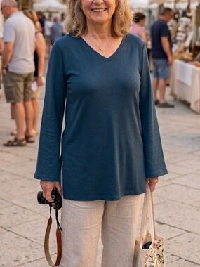 Eileen Fisher Stretchy Teal V-Neck Pullover Long Sleeve Tunic Top Size Large